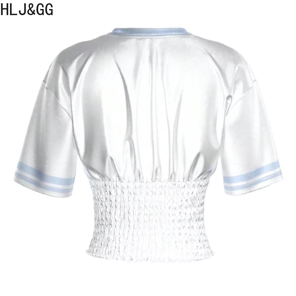 HLJ&GG Summer New Letter Y2K Streetwear Women V Neck Short Sleeve Slim Crop Top and Ruffle Plaid Shorts Two Piece Sets Outfits
