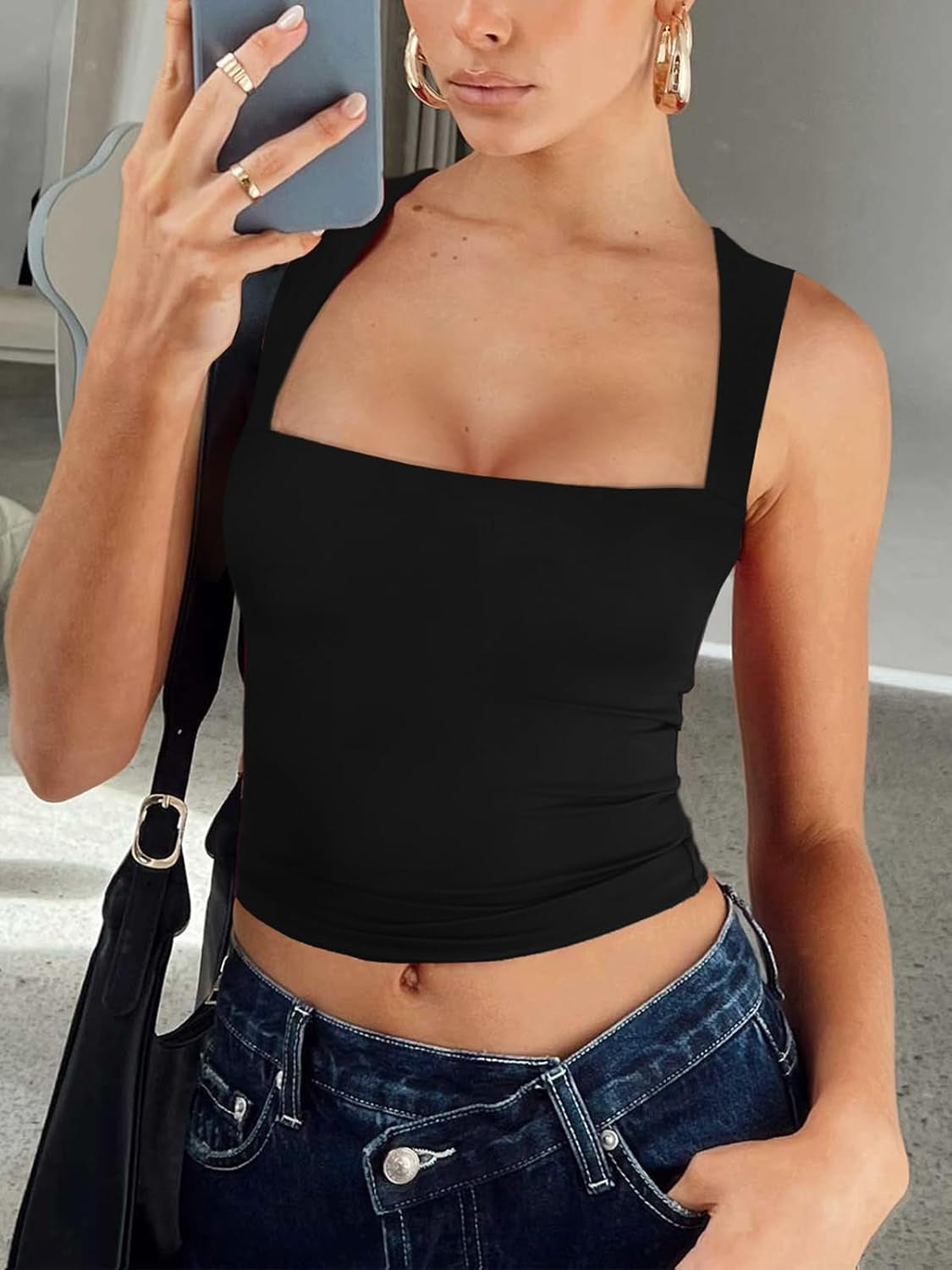 Butsmooth® Women'S Square Neck Going Out Crop Tops Double Lined Cute Basic Tank Tops 2025 Clothes