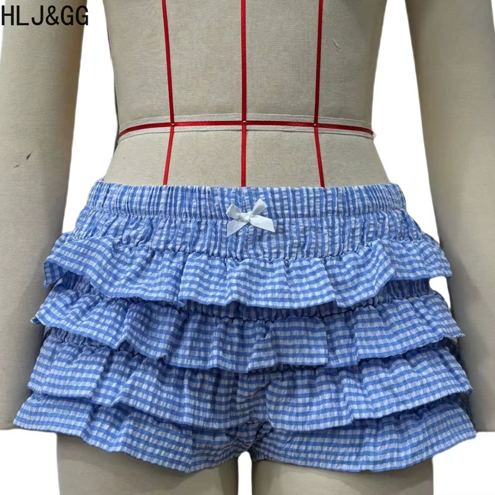 HLJ&GG Summer New Letter Y2K Streetwear Women V Neck Short Sleeve Slim Crop Top and Ruffle Plaid Shorts Two Piece Sets Outfits