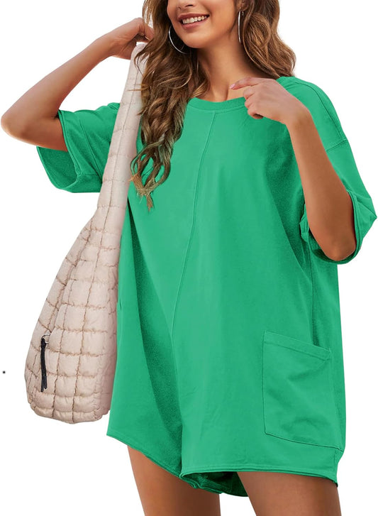 Rompers for Women Casual Short Sleeve Oversized Athletic Workout Reversible Hot Shot Tee Romper Deep Pockets