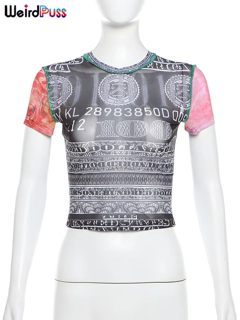 See through Crop Tops Women Numeral Print Short Sleeve O-Neck Sexy Club Patchwork Streetwear Skinny Hot Girls Tees