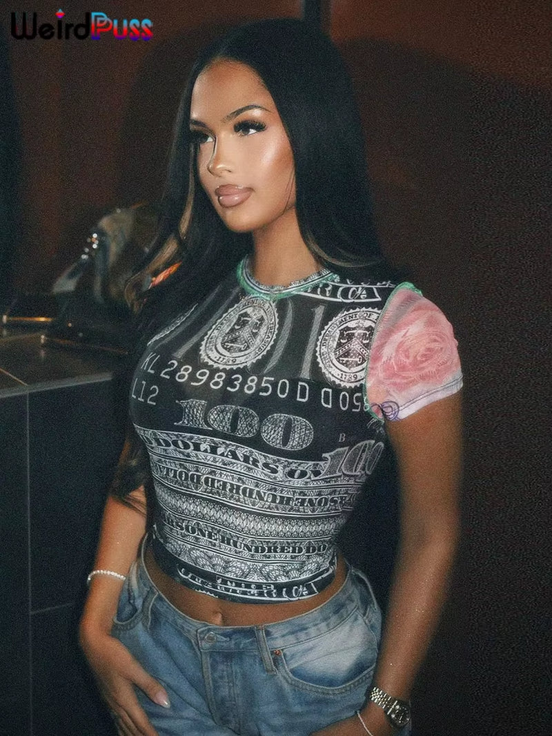 See through Crop Tops Women Numeral Print Short Sleeve O-Neck Sexy Club Patchwork Streetwear Skinny Hot Girls Tees