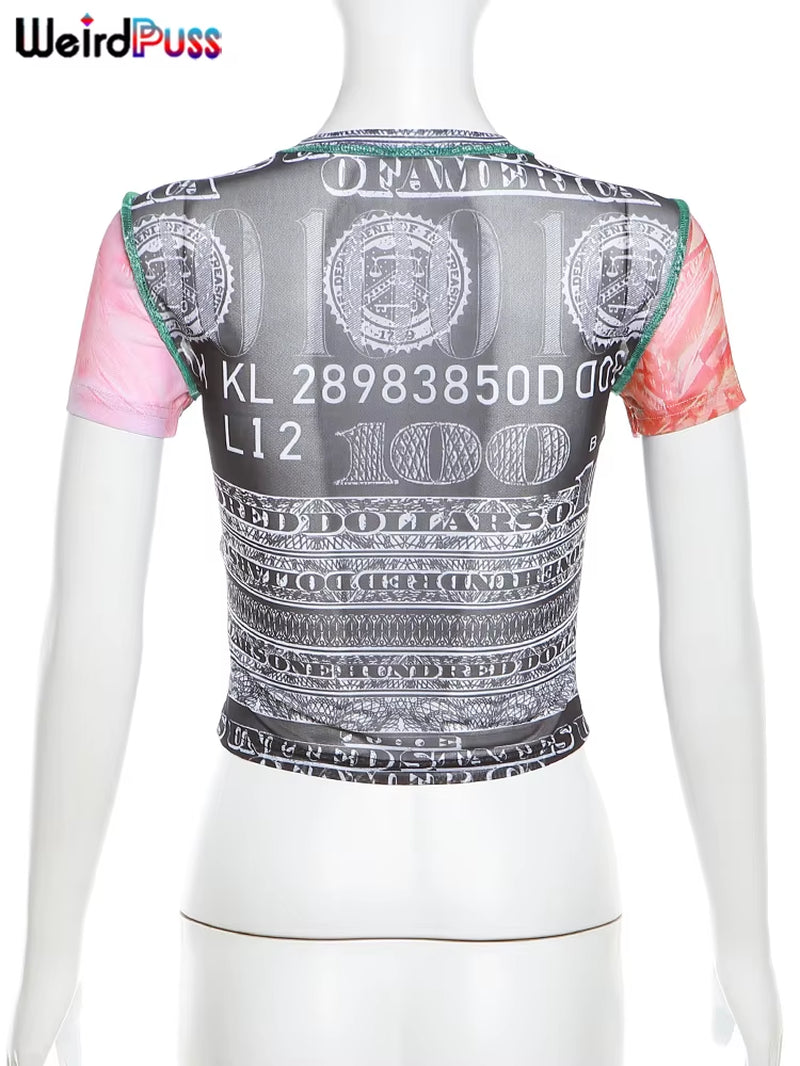 See through Crop Tops Women Numeral Print Short Sleeve O-Neck Sexy Club Patchwork Streetwear Skinny Hot Girls Tees