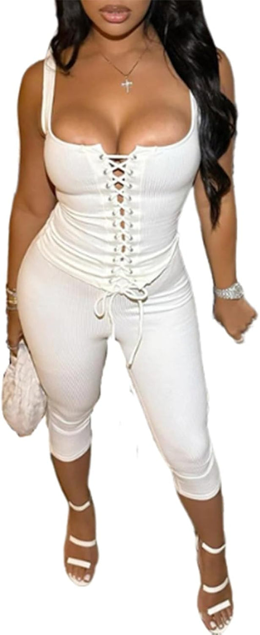 2 Piece Sets for Women Ribbed Knit Sleeveless Hollow Tie down Tank Top and Capri Legging Bodycon Set Jumpsuits