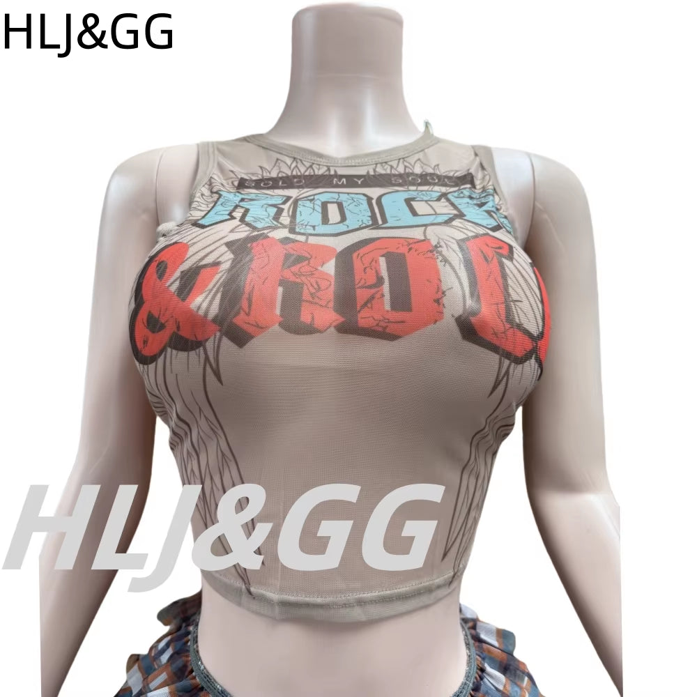 HLJ&GG Summer New Letter Y2K Streetwear Women V Neck Short Sleeve Slim Crop Top and Ruffle Plaid Shorts Two Piece Sets Outfits