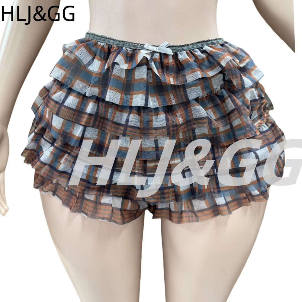 HLJ&GG Summer New Letter Y2K Streetwear Women V Neck Short Sleeve Slim Crop Top and Ruffle Plaid Shorts Two Piece Sets Outfits