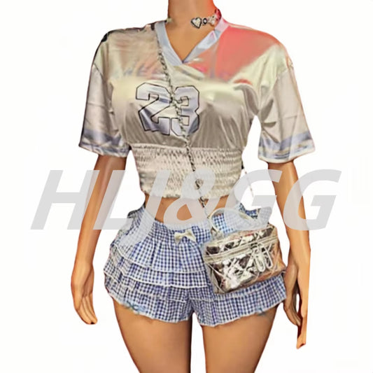 HLJ&GG Summer New Letter Y2K Streetwear Women V Neck Short Sleeve Slim Crop Top and Ruffle Plaid Shorts Two Piece Sets Outfits